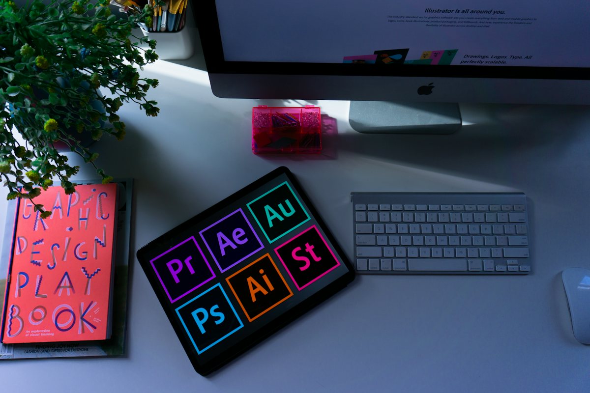 A designer’s desk with a tablet of design apps and a design playbook